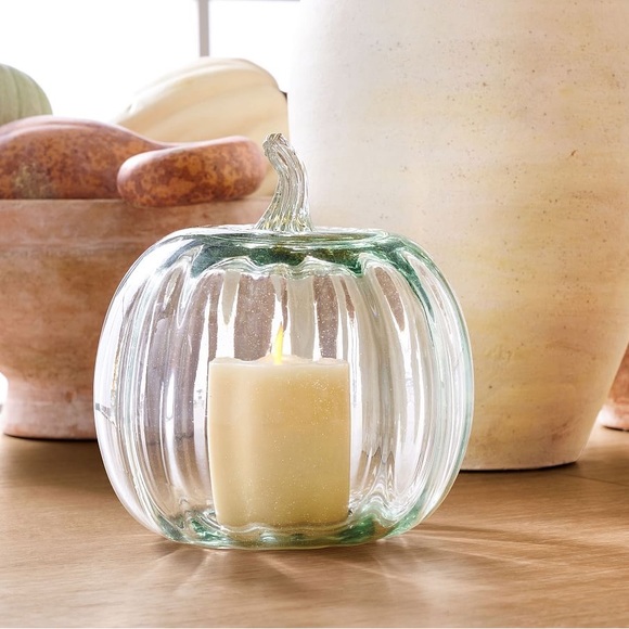 Pottery Barn Other - Pottery Barn Handblown Recycled Glass Pumpkin Shaped Candle Cloche - Small Size